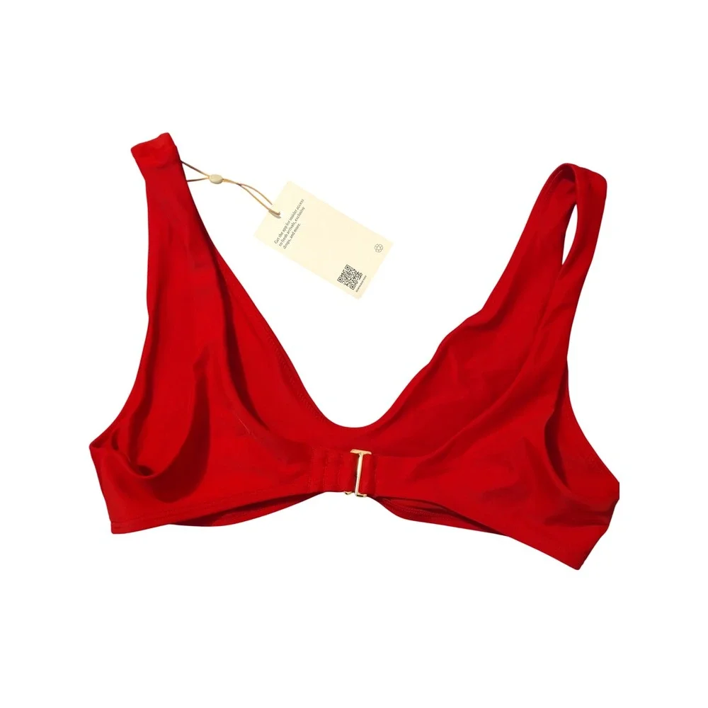 Quince Italian Plunge Bikini Top Cherry Red Sustainable Swimwear Size M NEW